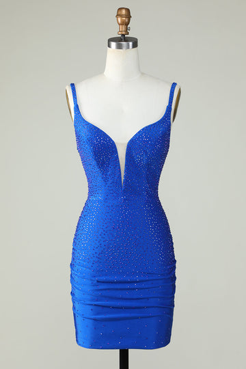 Bodycon Deep V Neck Royal Blue Short Homecoming Dress con abalorios
